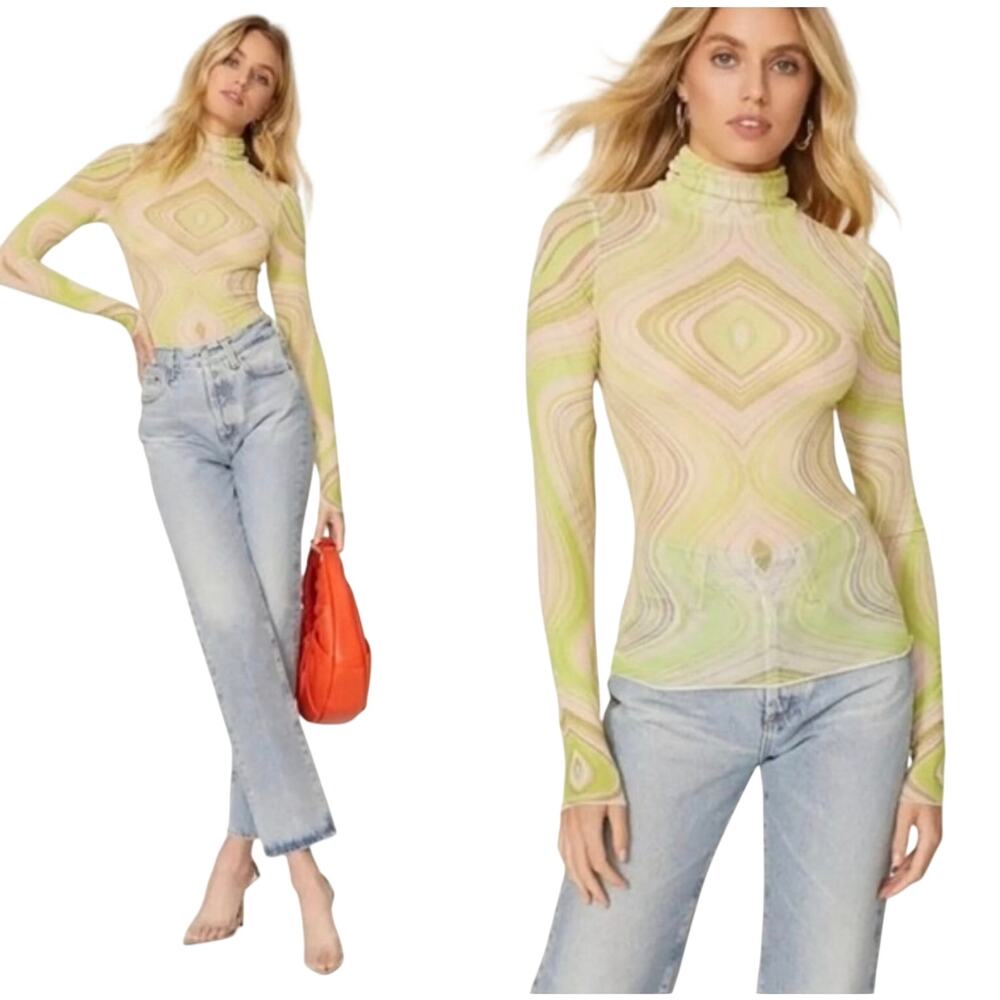 Afrm Zadie Swirl Print Mesh Turtleneck Top Women's Lime Green Size Medium‎